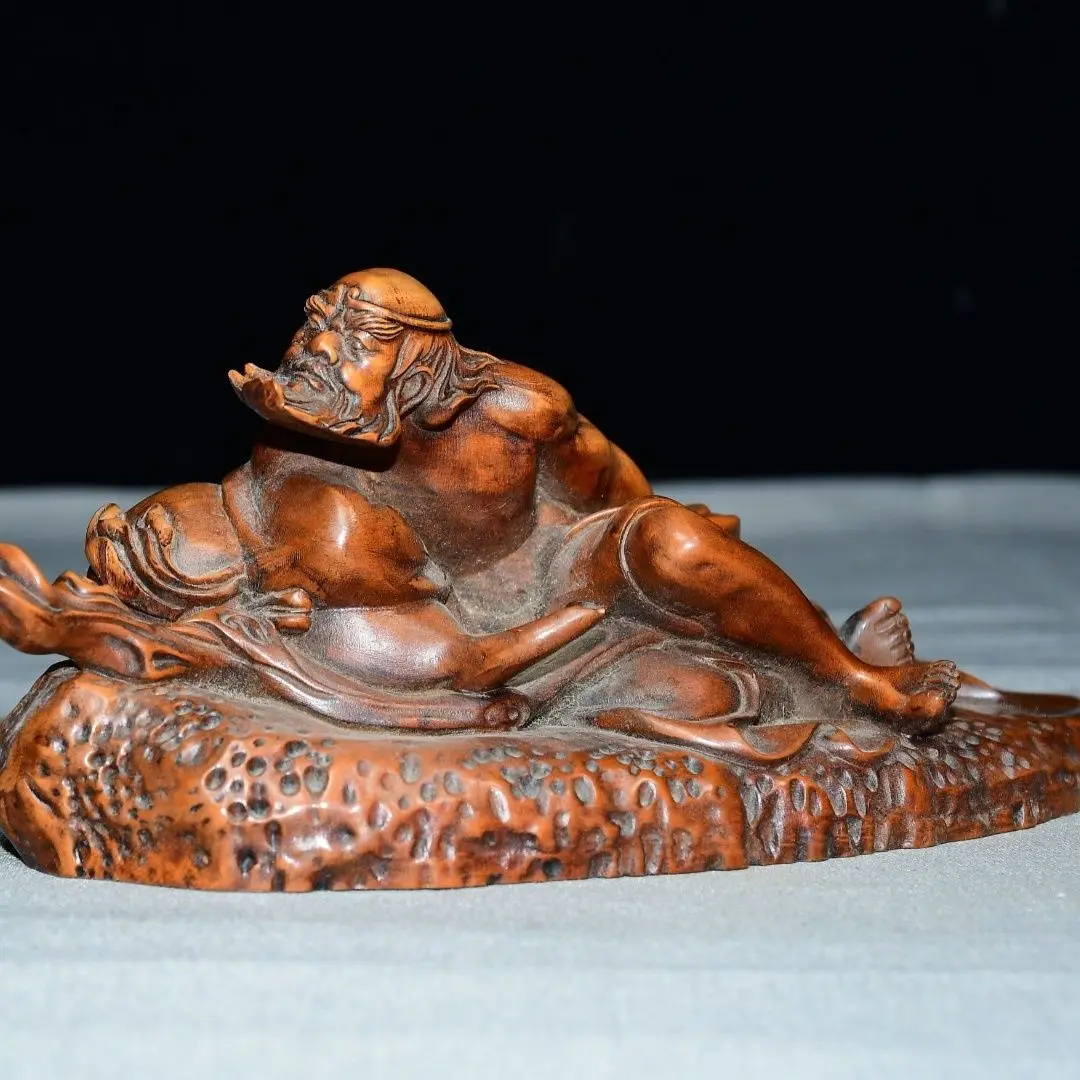 Hand Carved Wood Master Patriarch Bodhidharma of Crossing the River Statue Figurine Home Desktop Ornament Craft Gift