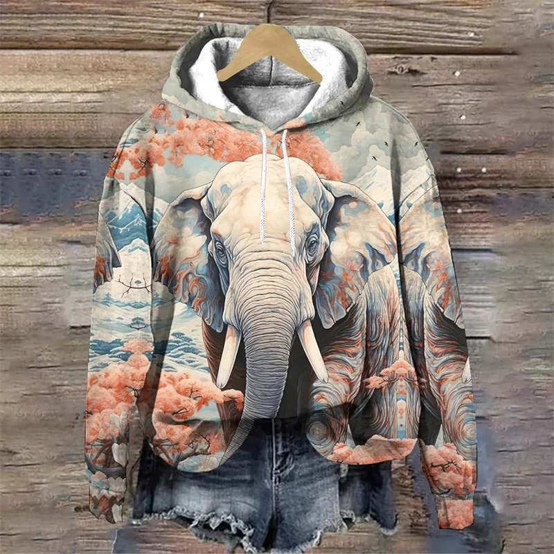

Ukiyo-e Pattern Hoodie For Men Elephant Eagle Turtle 3D Print Long Sleeves Casual Pullover Street Tops Hoodies Loose Sweatshirt
