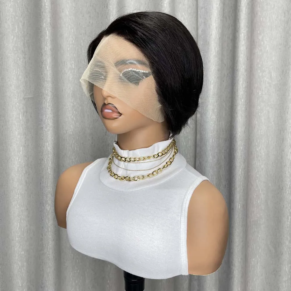 Pelucas de cabello humano con corte Pixie, parte en T, 13x1, pelucas negras naturales frontales de encaje, pelucas Bob cortas y rectas para mujeres negras