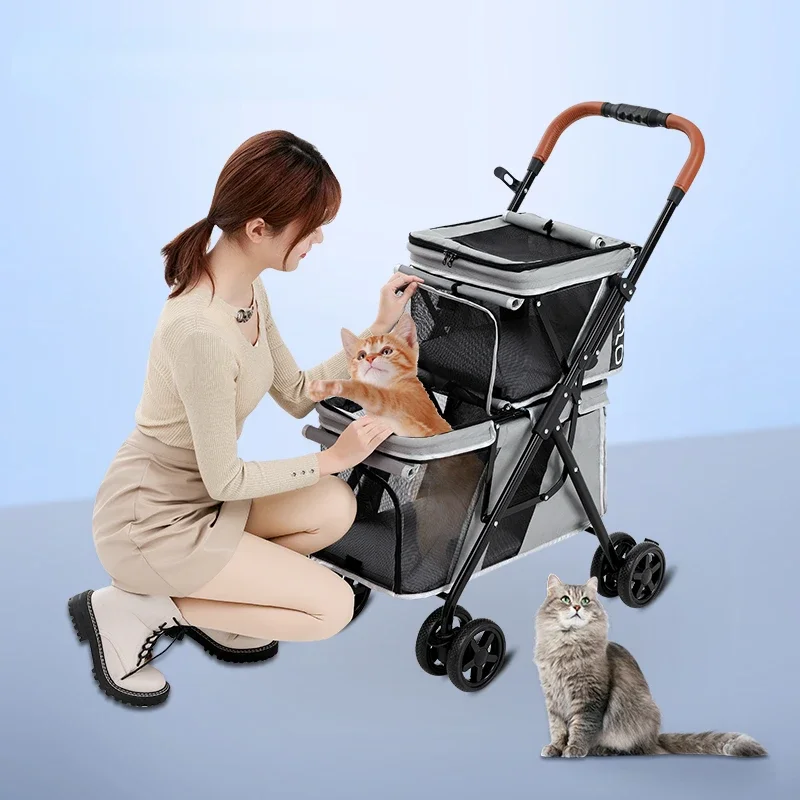 Lightweight Folding Cat and Dog Pet Strollers, Double-layer Carriers and Strollers, Multiple Pet Travel Supplies Dog Trolley