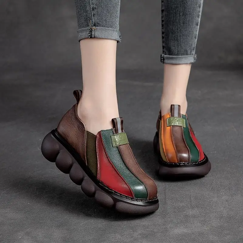 Autumn 2024 New Fashion Ethnic Style Retro Handmade Rainbow Color Female Leather Thick Sole Cake and Casual Shoes