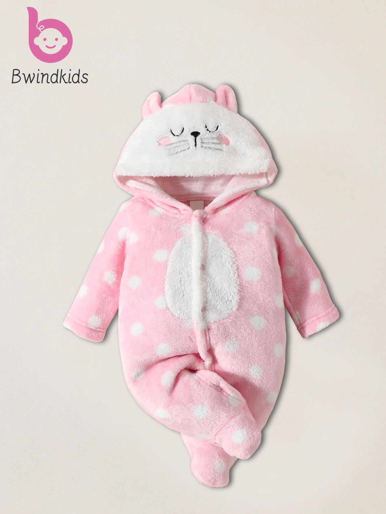 Baby Autumn and Winter Plush Jumpsuit Pink Polka Dot Cat Hooded Footed Warm Romper