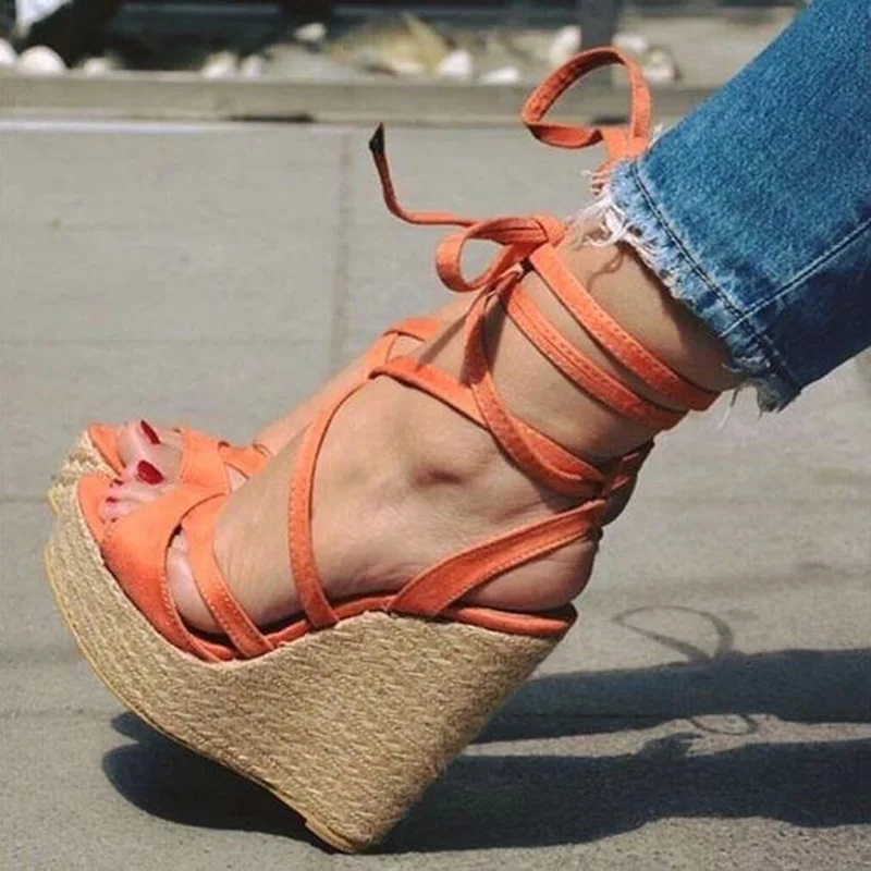 

Graceful Women Wedge Sandals High End Plaited Wedges Heels Gladiator Sandals High Platform Orange Suede Cross Strap Peep Toe