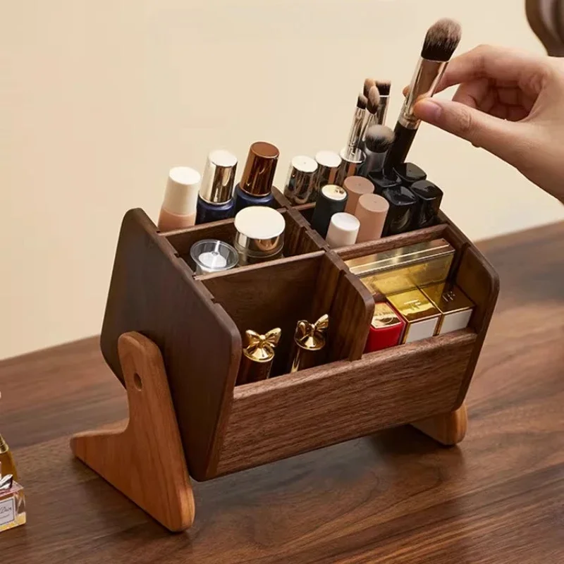 Walnut Cosmetic Organiser Desk-top Vanity Unit Lipstick & Eyeshadow Organiser Makeup Brush Holder Large Capacity Storage Rack