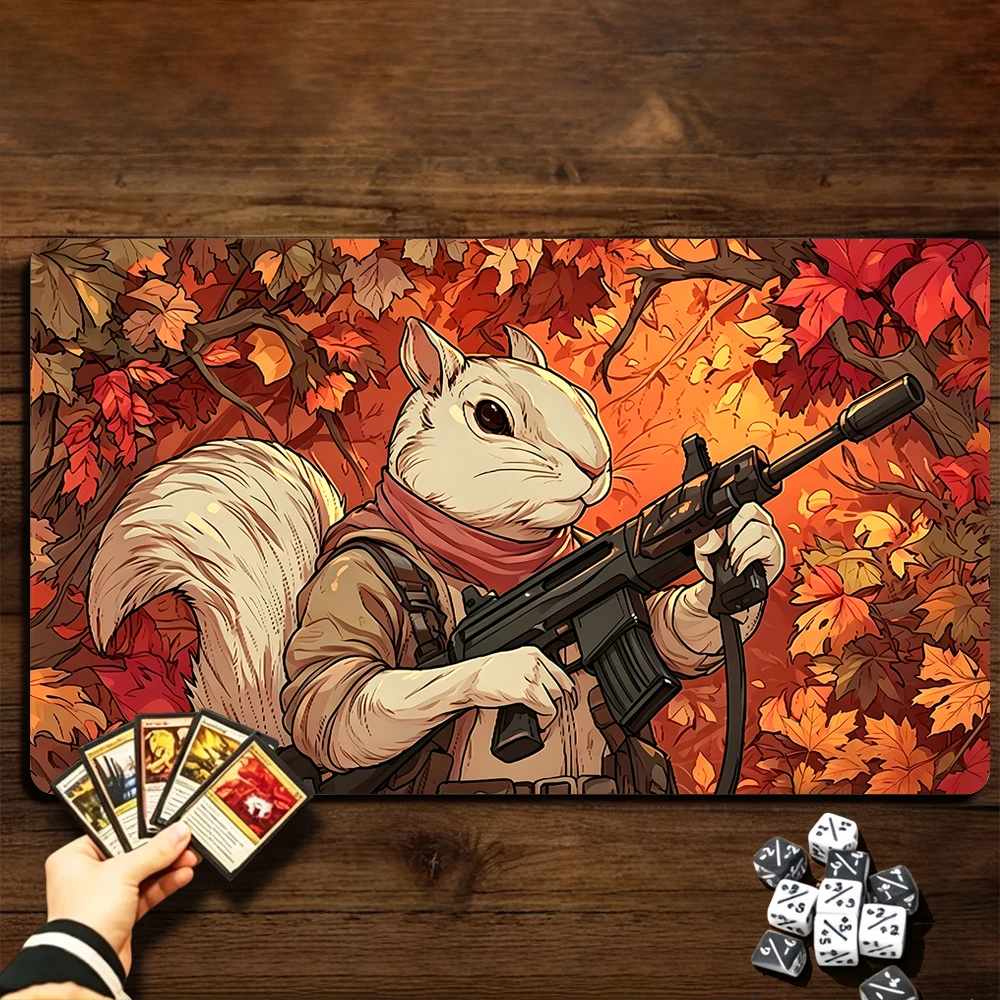 Squirrel Tactical Soldier TCG Playmat Magic Playmat with Stitched Edge Anti-slip base Gathering Gaming Mat Trading Card Game