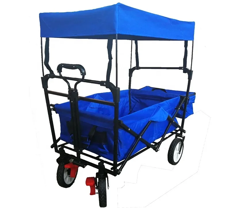 Outdoor Camping Cart with Adjustable Handle Bar, Folding Trolley Utility Picnic Wagon Have Sun/Rain Shade