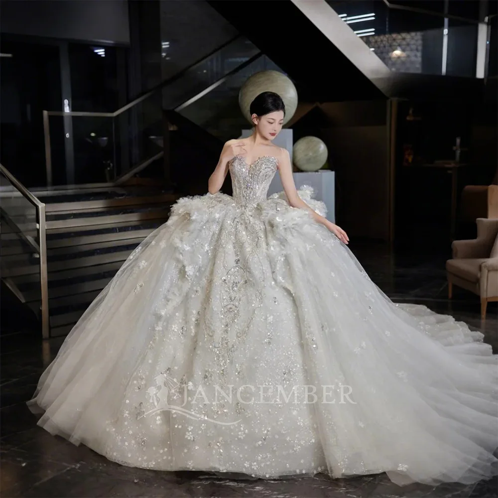 

Customzied White Wedding Dresses 2025 Ball Gown O-Neck Sequins Beaded Long Sleeves Sweep Train Bridal Gown vestidos de novia