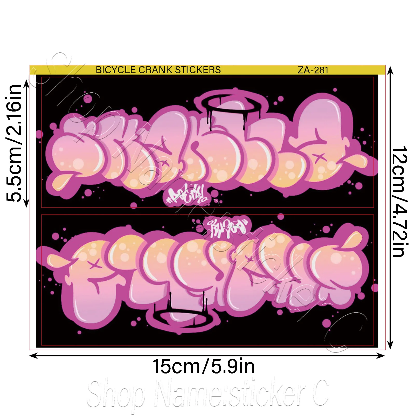 Graffiti Bubble Text Bike Crank Stickers (1 Pair), Pink Waterproof Decals for MTB Road Bike
