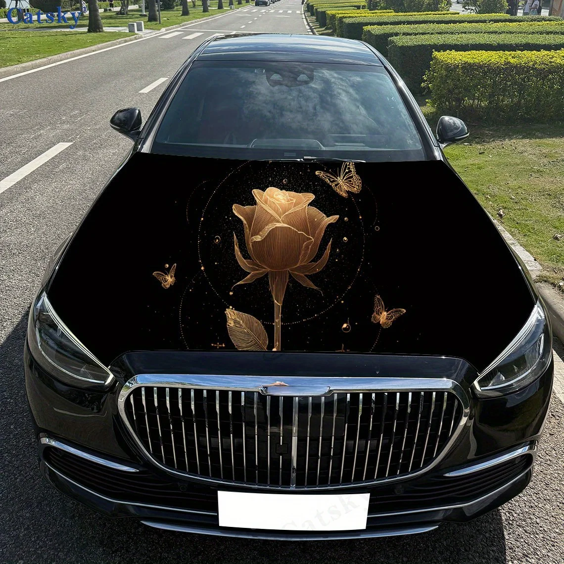 طباعة الورد الذهبي، ملصقات غطاء محرك السيارة، ملصق غطاء السيارة ذاتي اللصق PVC المقاوم للماء، ملصقات حماية تزيين غطاء السيارة، أوتوماتيكي A #4