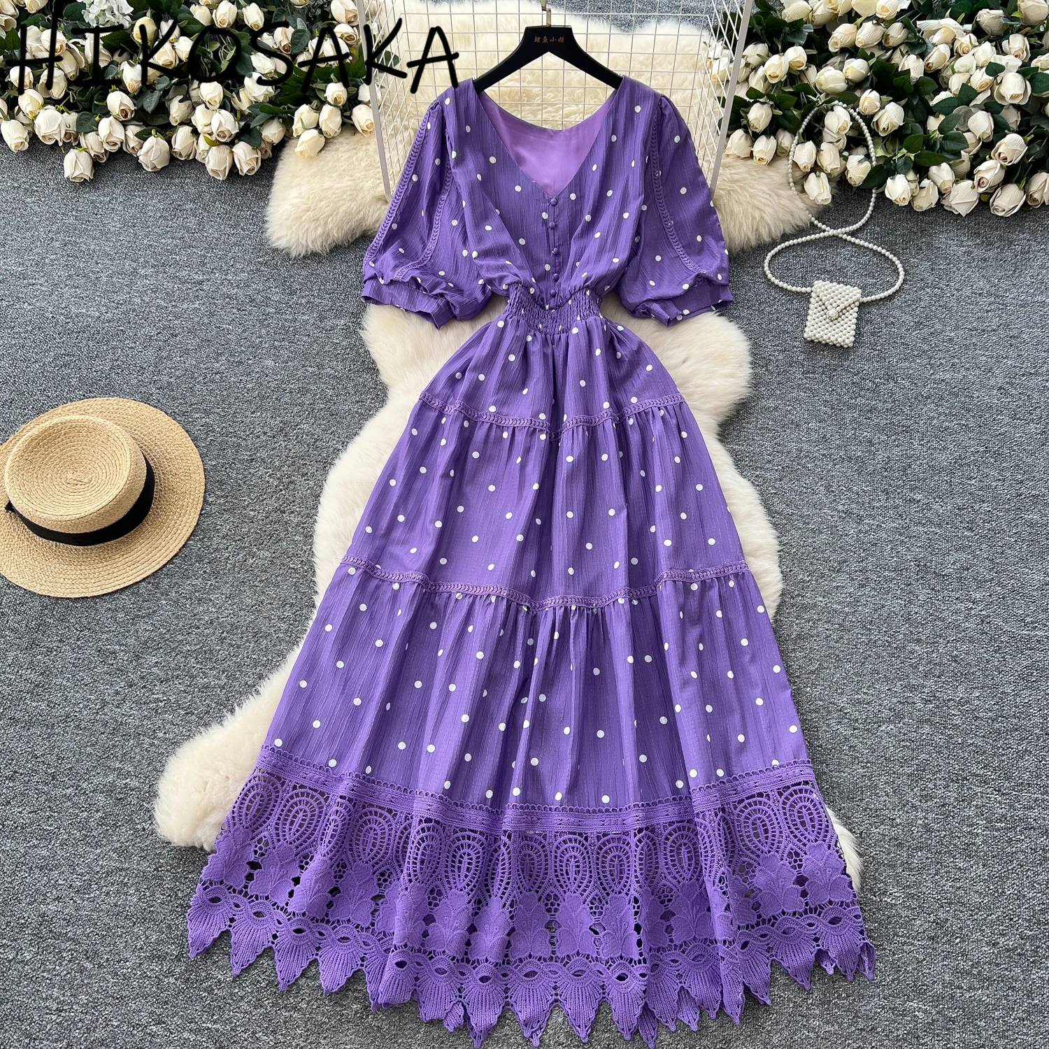 

French Style Elegant Sweet Polka Dot Dress V-neck Slim Waist Puff Sleeve Lace Patchwork Robe 2025 New Summer Chic Fresh Vestido