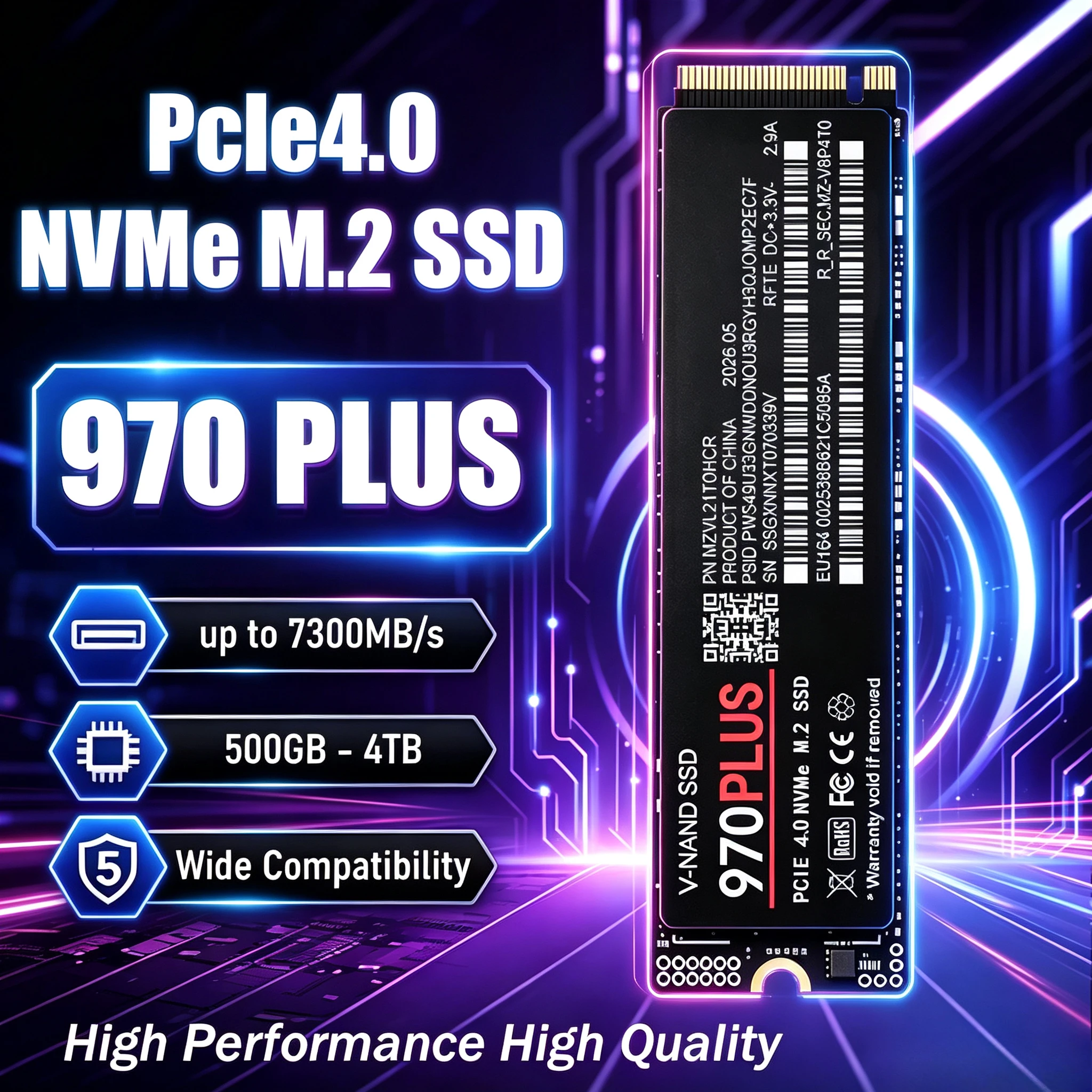 NOVO SSD NVMe M.2 2280 970 PLUS PCIe Gen4.0 X4 500GB 1TB 2TB 4TB 7400MB/s TLC 3D NAND, unidade de jogos para PS5, PC, laptop, baixo consumo de energia
