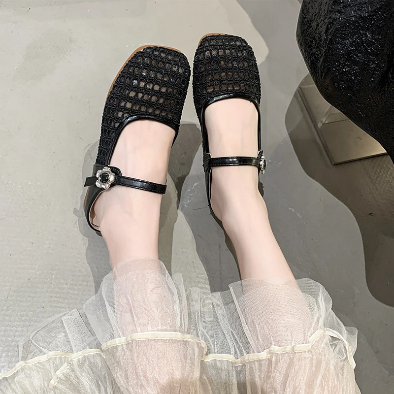 موضة شبكة تنفس نعال مسطحة المرأة أنيقة النسيج الضحلة ماري جين أحذية الراحة مشبك حذاء كاجوال Zapatos