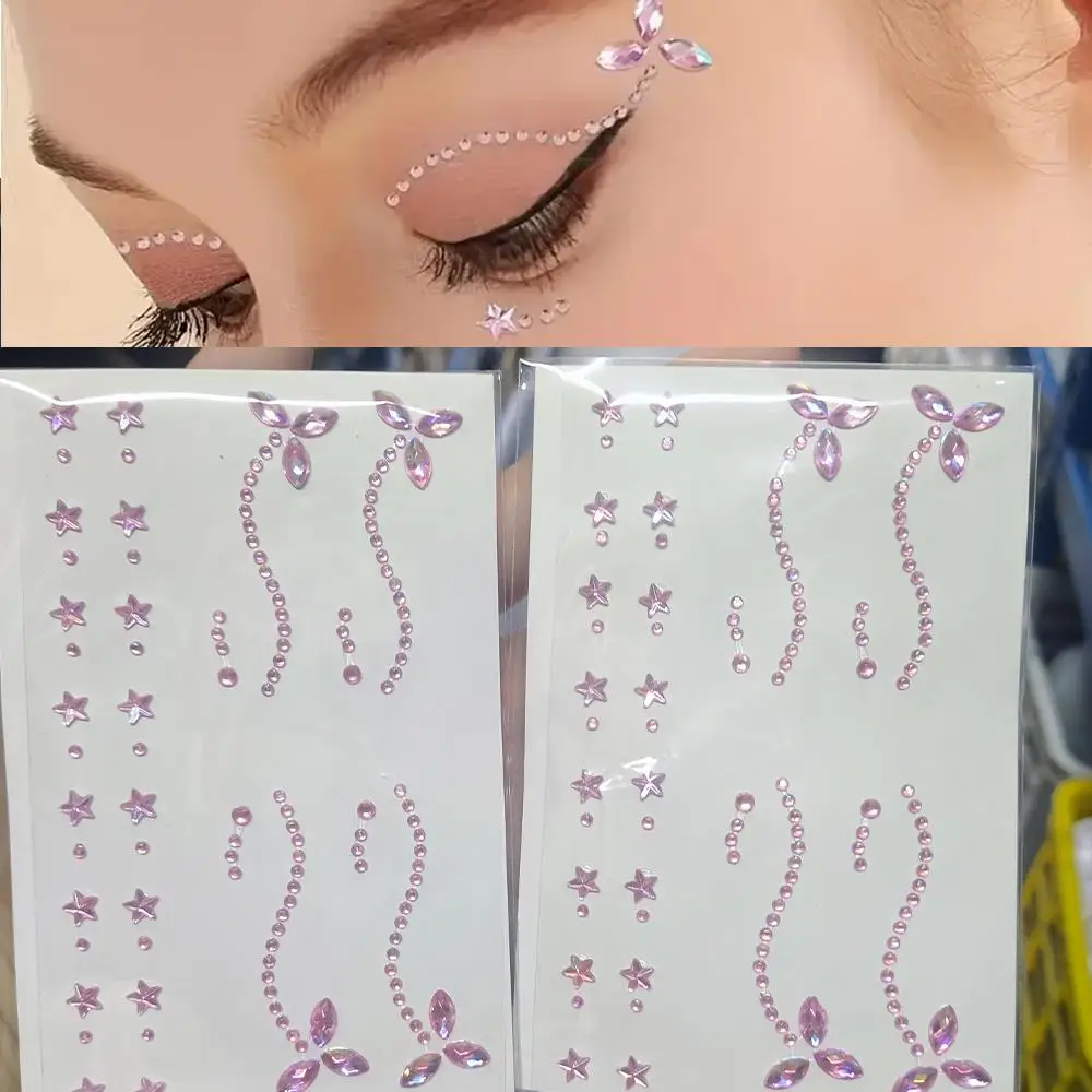 1Pc 3D Pink Star Flower Gems Face Tattoo Sticker Bright Rhinestone Self-Adhesive Decals Y2K Party Music Festival Body Decoration