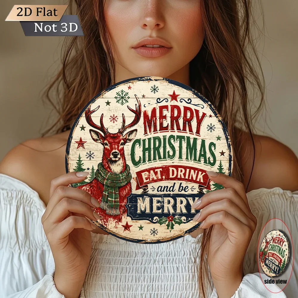 2D Flat - 1pc 8X8 Inches (20X20 Cm) Round Metal Iron Sign Nostalgic Timepiece Wall Decor Merry Christmas Reindeer with Plaid Sca