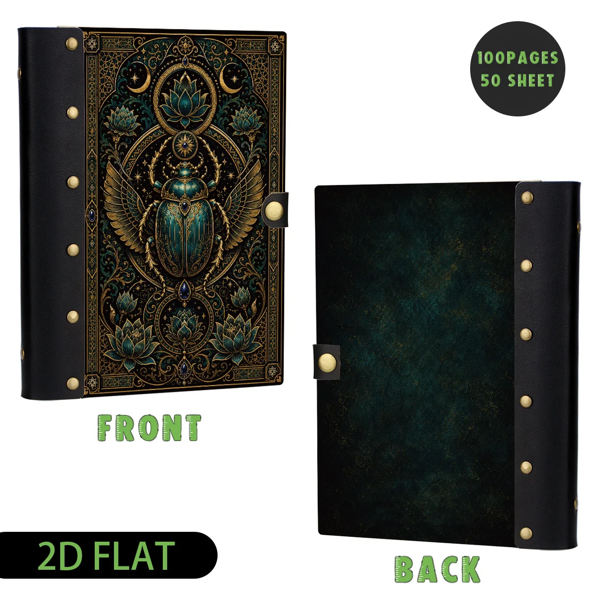 1pc Vintage Teal Sacred Scarab Lotus Crescent Wood Leather Binder Notebook, Refillable Loose Leaf, 2D Flat Hard Shell Metal Rive