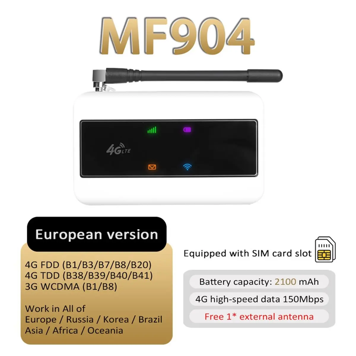MF904 4G Mobile WiFi Router Mifi with Wifi Hotspot 2100mAh Battery Portable Router 150Mbps Support European