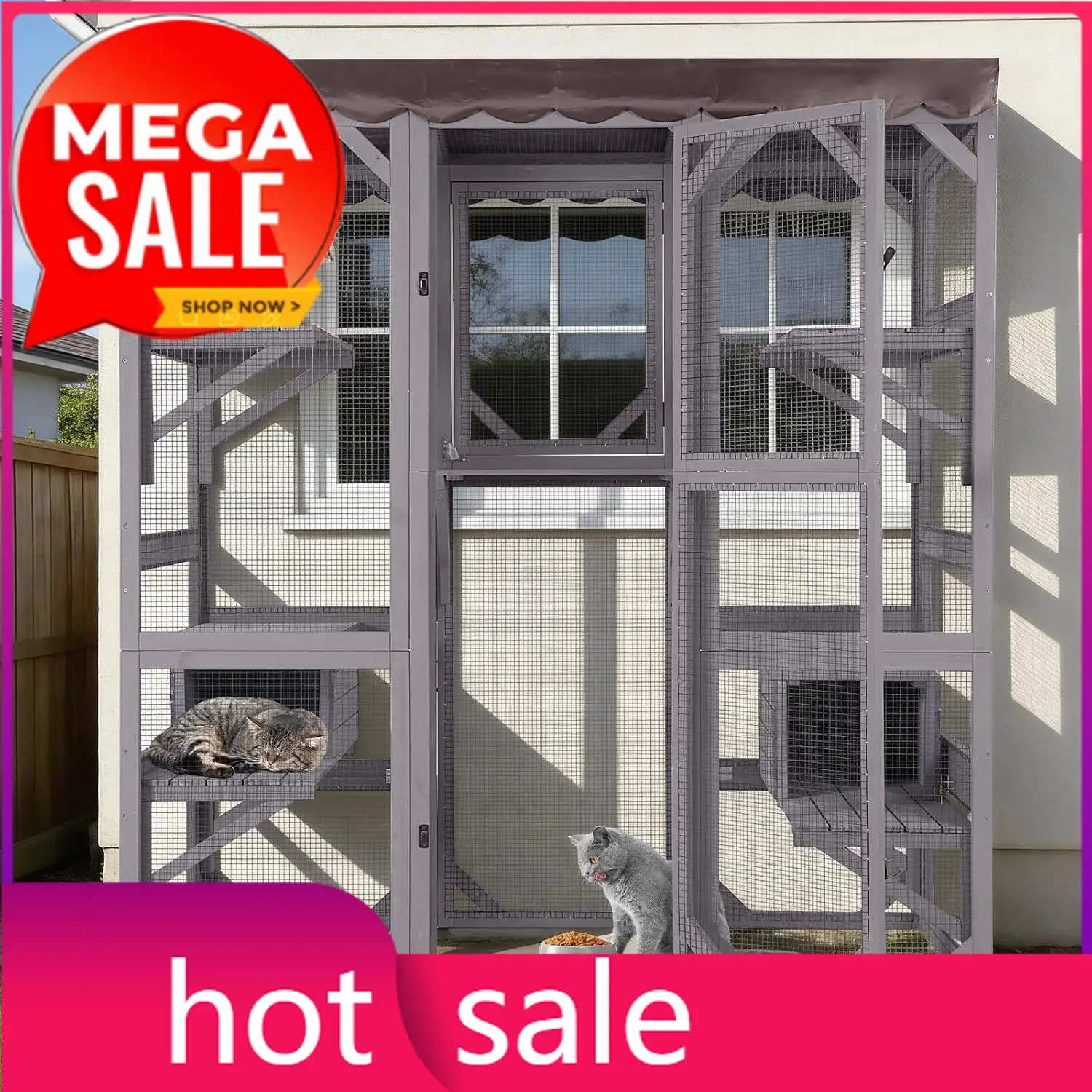 

Catio Cat Enclosure Large Window Cat House for Outdoor Cats, Walk-in Kitty Cage with Tarp Roof, 7 Platforms, 2 Resting Boxes, In