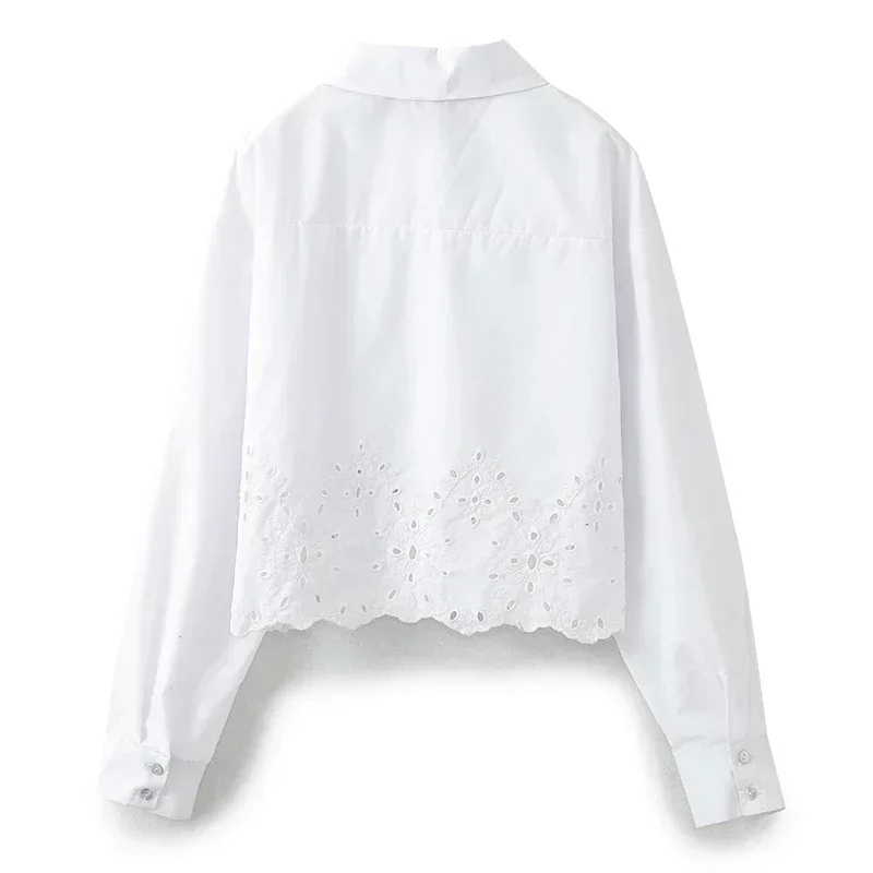 Camisa calada con bordado de flores lisas para mujer, Tops informales holgados de otoño, ropa elegante de oficina para mujer, camisas, blusa Blanco Simple