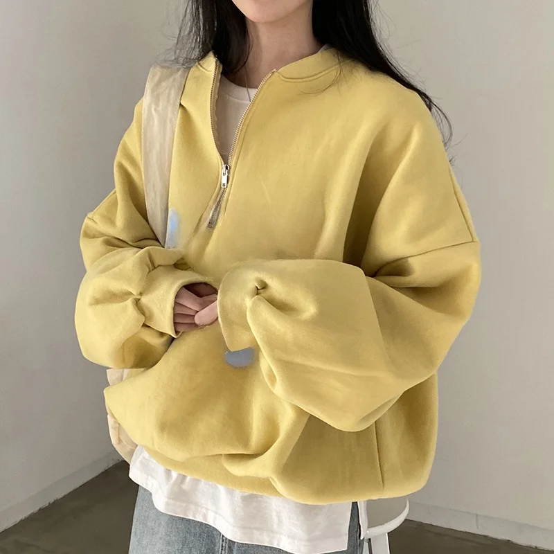 

Chic Autumnal Loose Fit Long Sve Hoodie Women's Faion Color Blo Letter Print Design Versatile Stand Collar Streetwear