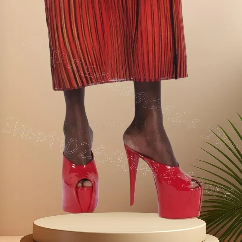 

Red Peep Toe High Platform Patent Leather Slippers Slip On Women Shoes Thin High Heels Party Banquet 2026 Zapatos Para Mujere