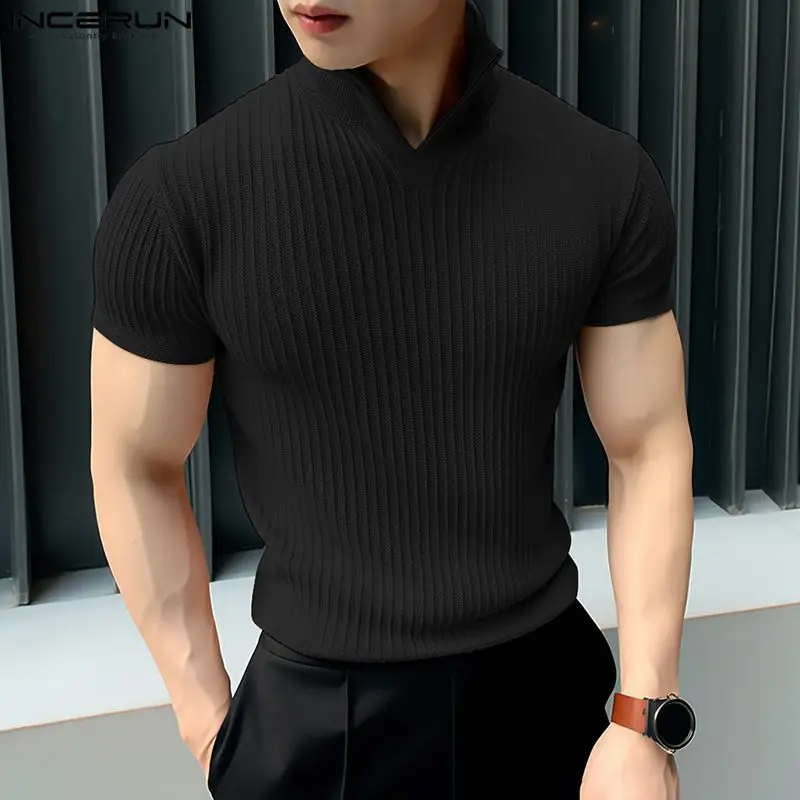 2024 Men T Shirt Solid Color Knitted Summer Lapel Short Sleeve Men Clothing Streetwear Korean Fashion Casual Tee Tops INCERUN