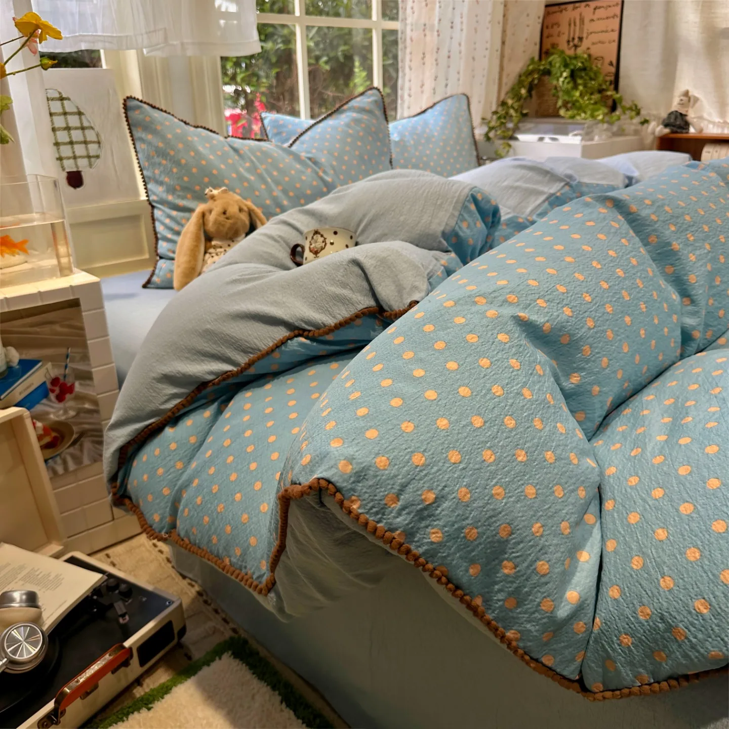 Ins Polka Dot Bedding Set Korean Style Blue Duvet Cover Set Soft Single 150x200cm Bed Sheet Set For Girls Cottagecore Bedroom
