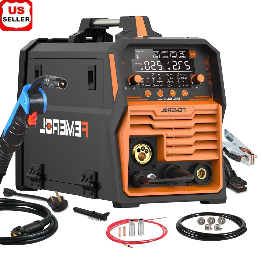 250A 6 in 1 MIG Welder Gasless Flux Core Stick Lift TIG Spool Gun Aluminum Welding Machine Synergic Control Wide Application