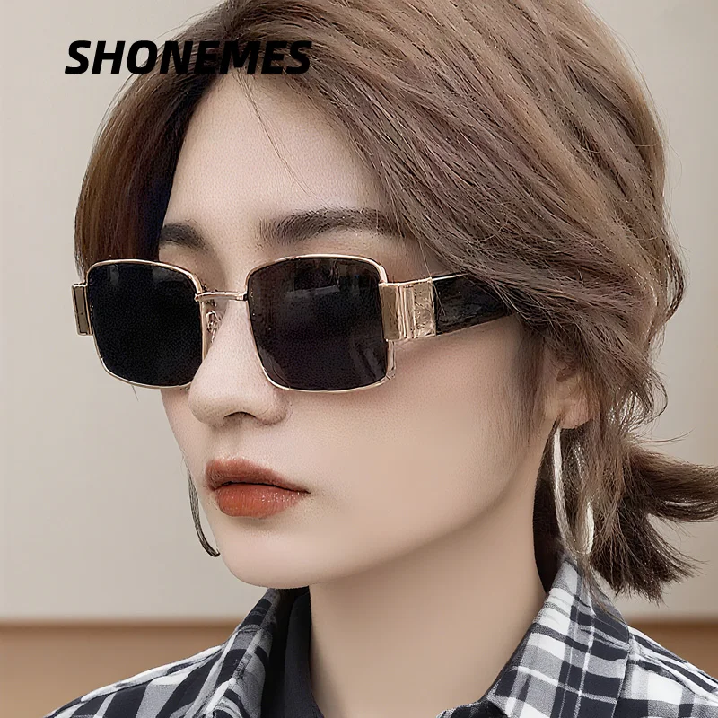 SHONEMES Square Women Sunglasses Stylish Men Shades Metal Frame Outdoor UV400 Sun Glasses Gold Brown Grey for Unisex