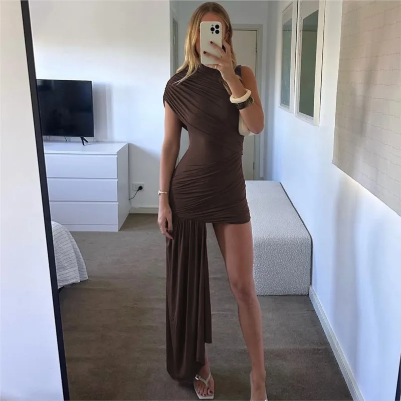 

Irregular Draped Ruched Sexy Mini Dress For Women Elegant Half Turtleneck Sleeveless High Waist Pleated Lady Club Party Vestidos
