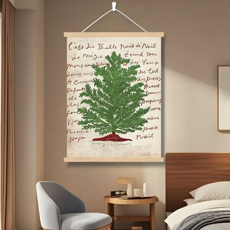 VIKAMA Wall Tapestry Green Christmas Tree French Poem Joyeux Noel Merry Christmas Print Winter Holiday Wall Hanging Home Decor