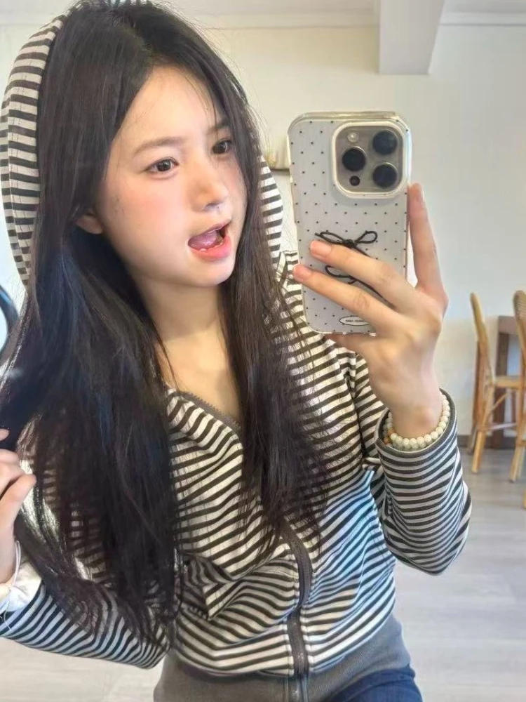 2026 Harajuku Vintage Stripe Hoodie Autumn Streetwear Grunge Zipper Hoody Y2k Aesthetic Women Casual Pocket Slim Fit Sweatshirt