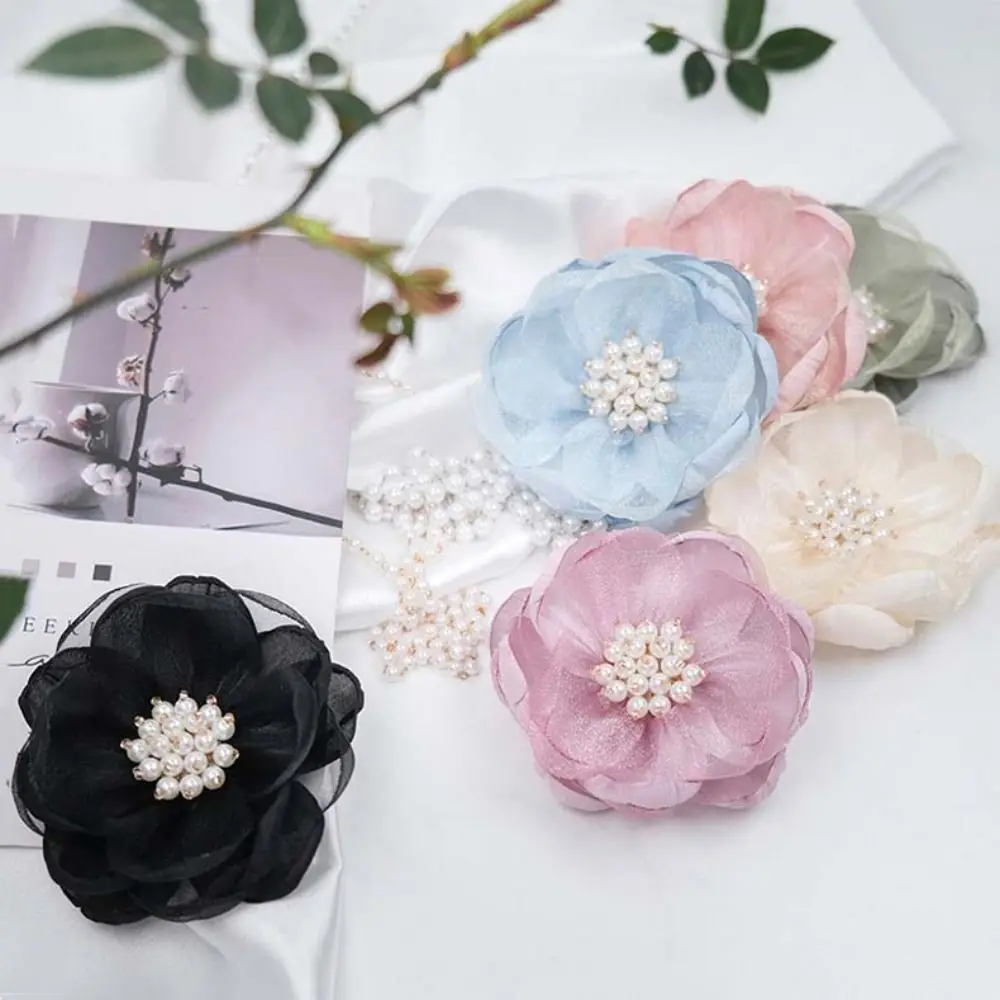 5Pcs Sewing Fabric 3D Chiffon Flower Chiffon DIY Artificial Flower Burnt Edge Beads Center DIY Sewing Applique