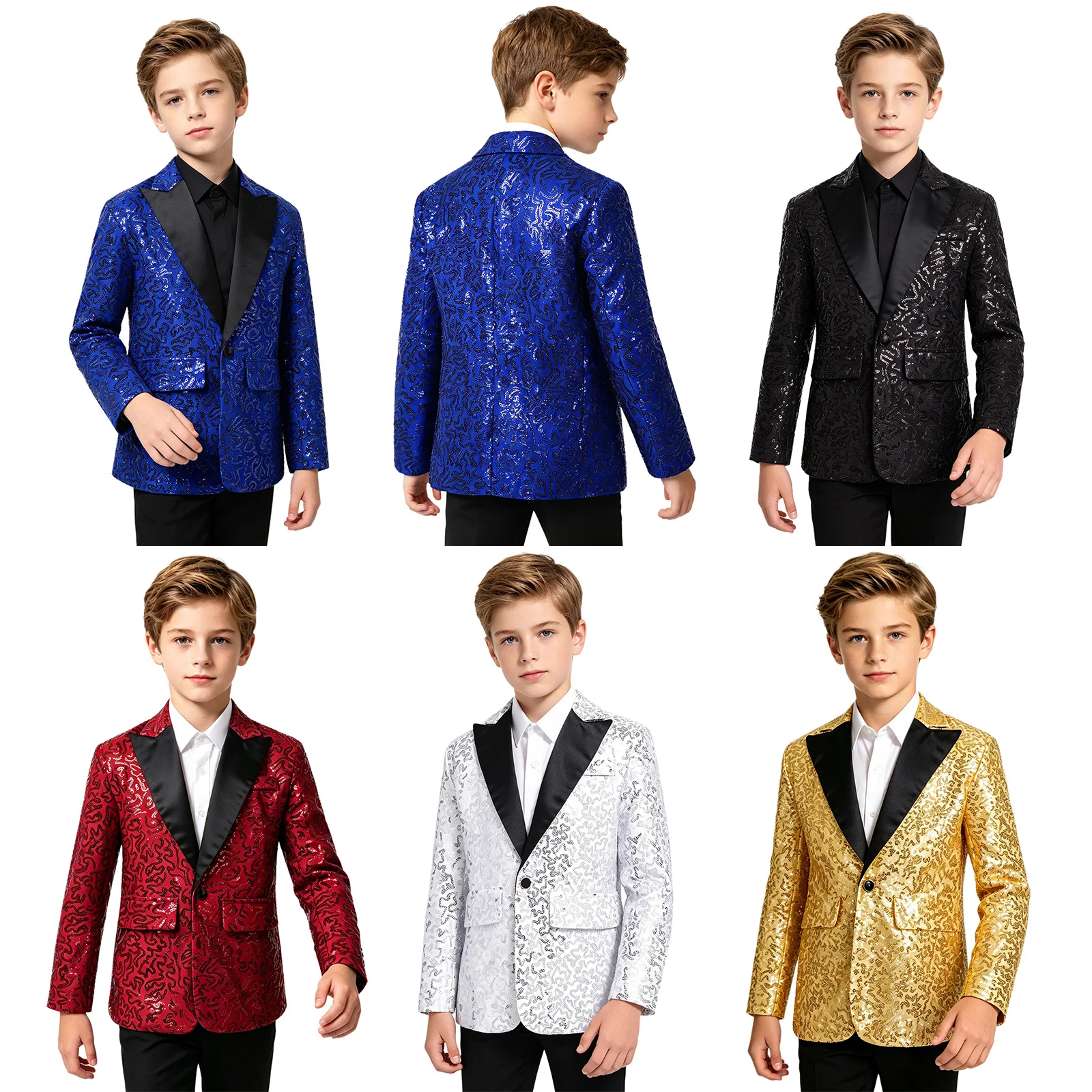 Kinder Jungen Jazz Dance Oberteile Performance Kostüm Glänzende Pailletten Glitzer Revers Einknopf-Anzugjacke Blazer Festival Smoking Jacke – Detail 2