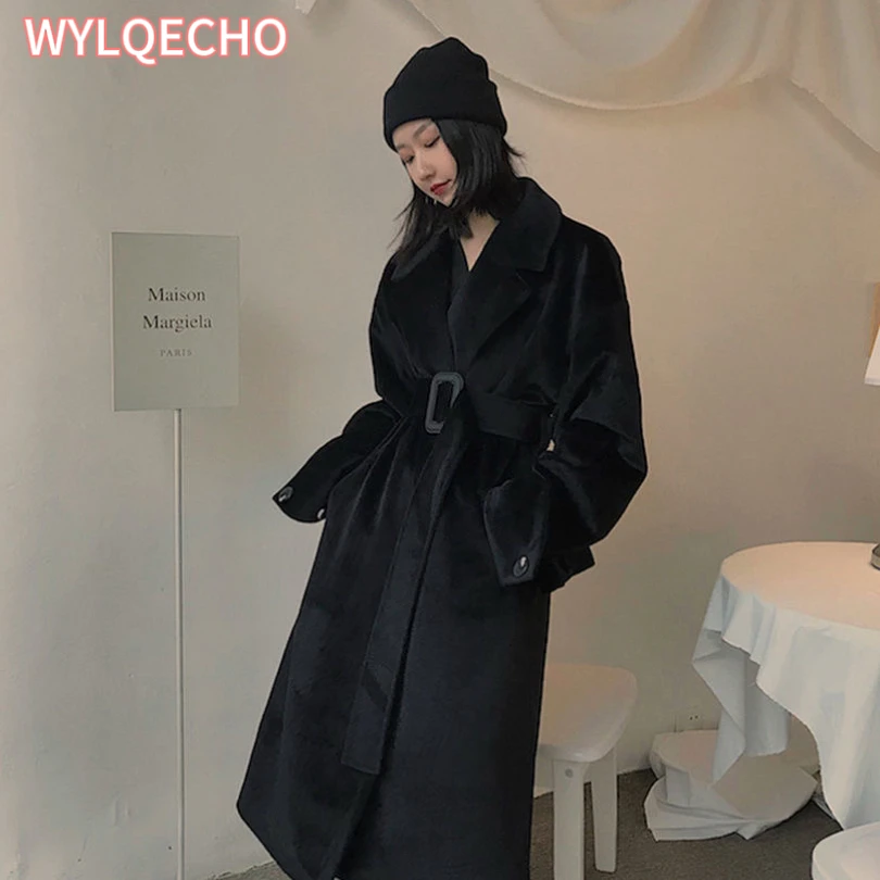 Winter Long Oversized Woolen Coat for Women Lapel Loose Padded Plush Imitation Mink Coat Stylish Black Women Clothes Streetwear