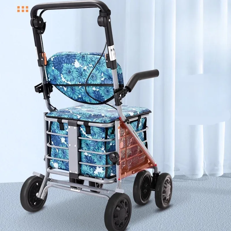 Foldable Elderly Pushcart Sturdy Carbon Steel Shopping Cart Braking Wheels Large Size Storage Basket Durable Walking Aid Seat