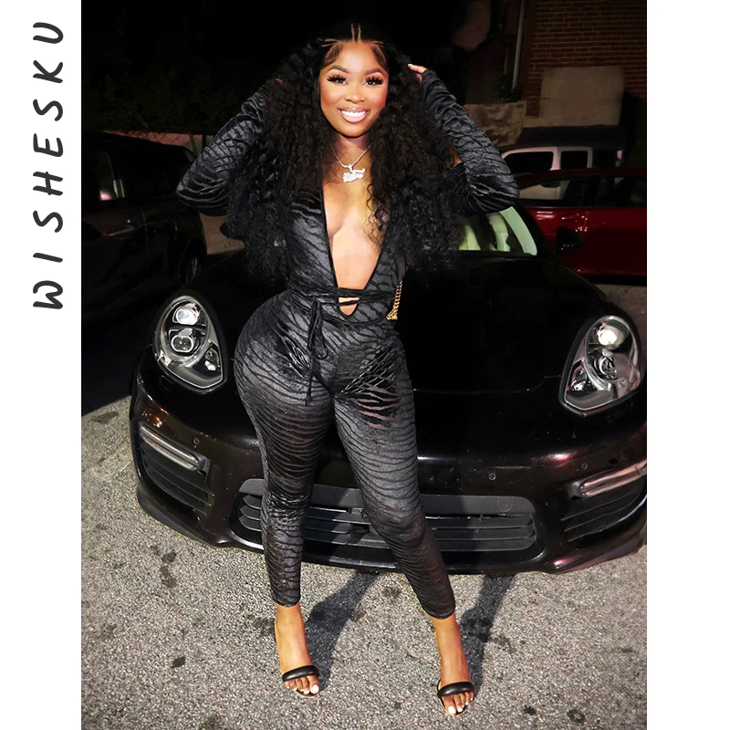 

Sexy Deep V Neck Long Sleeves Bandage Hollow Black Jumpsuit Women Off Shoulder Flocking Mesh One Piece Rompers 2023 Spring Fall