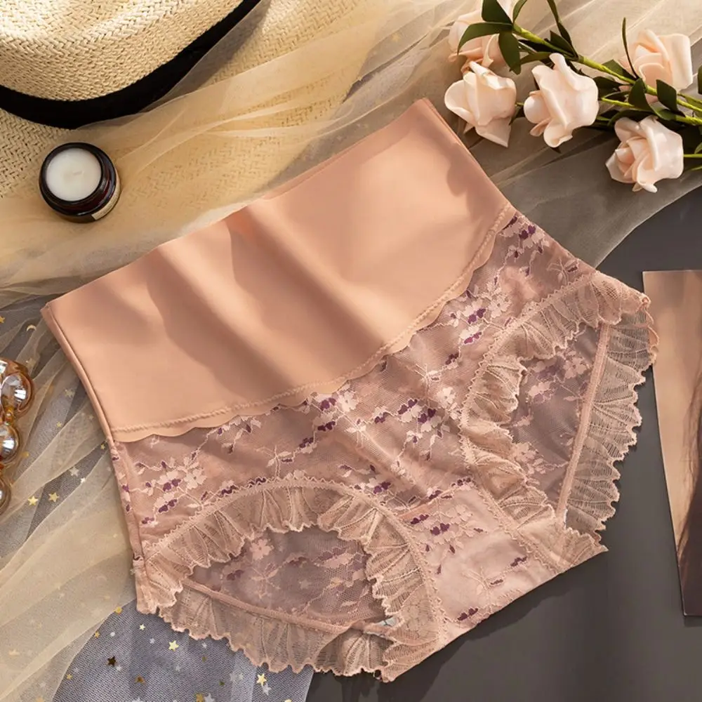 

Ultrathin Lace Panties for Women Cotton Crotch High Waist Mesh Flower Briefs Ice Silk Underpants Seamless Underwear Gifts