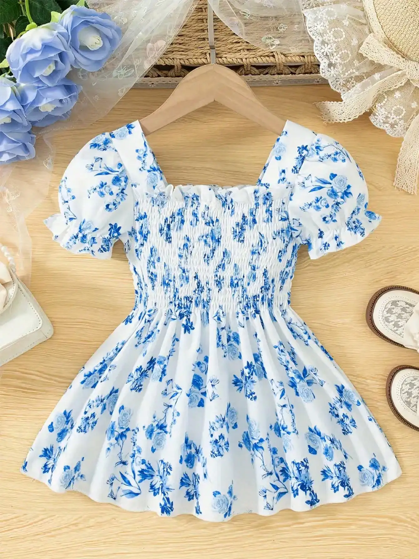 2026 casual girls' blue floral square neck ruffle short sleeved dress, breathable short sleeved, suitable for daily summer