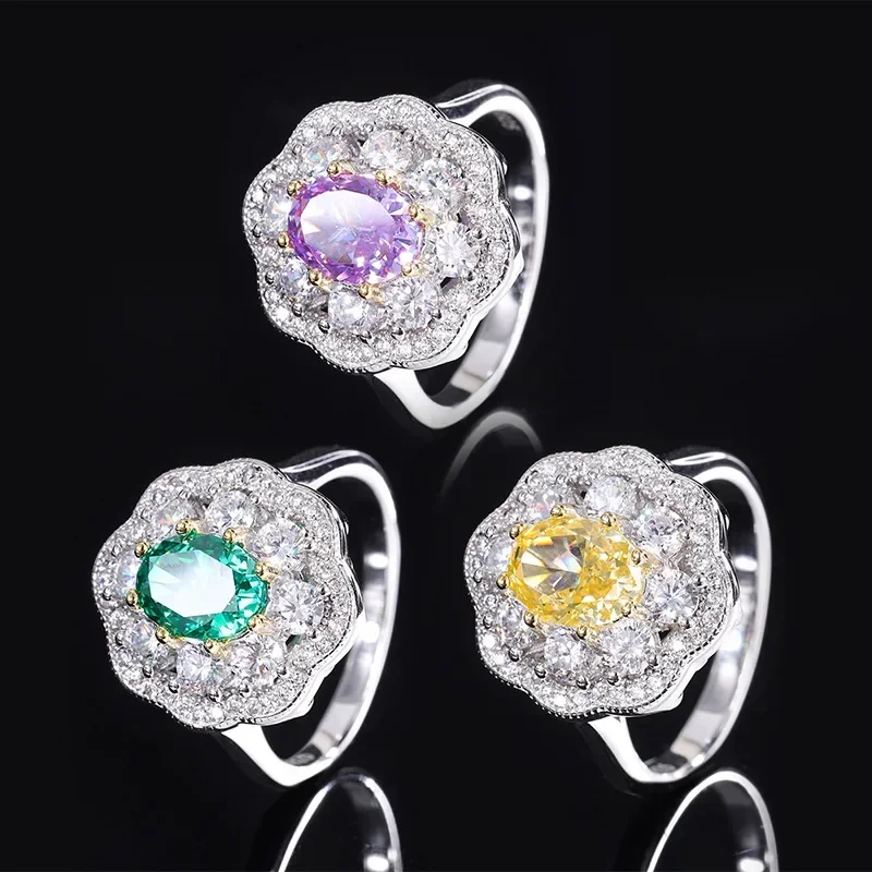 S925 كامل الجسم الفضة عالية الكربون الماس 6 * 8 الصيف المرأة ضوء الفاخرة زهرة خاتم الزواج الدائري