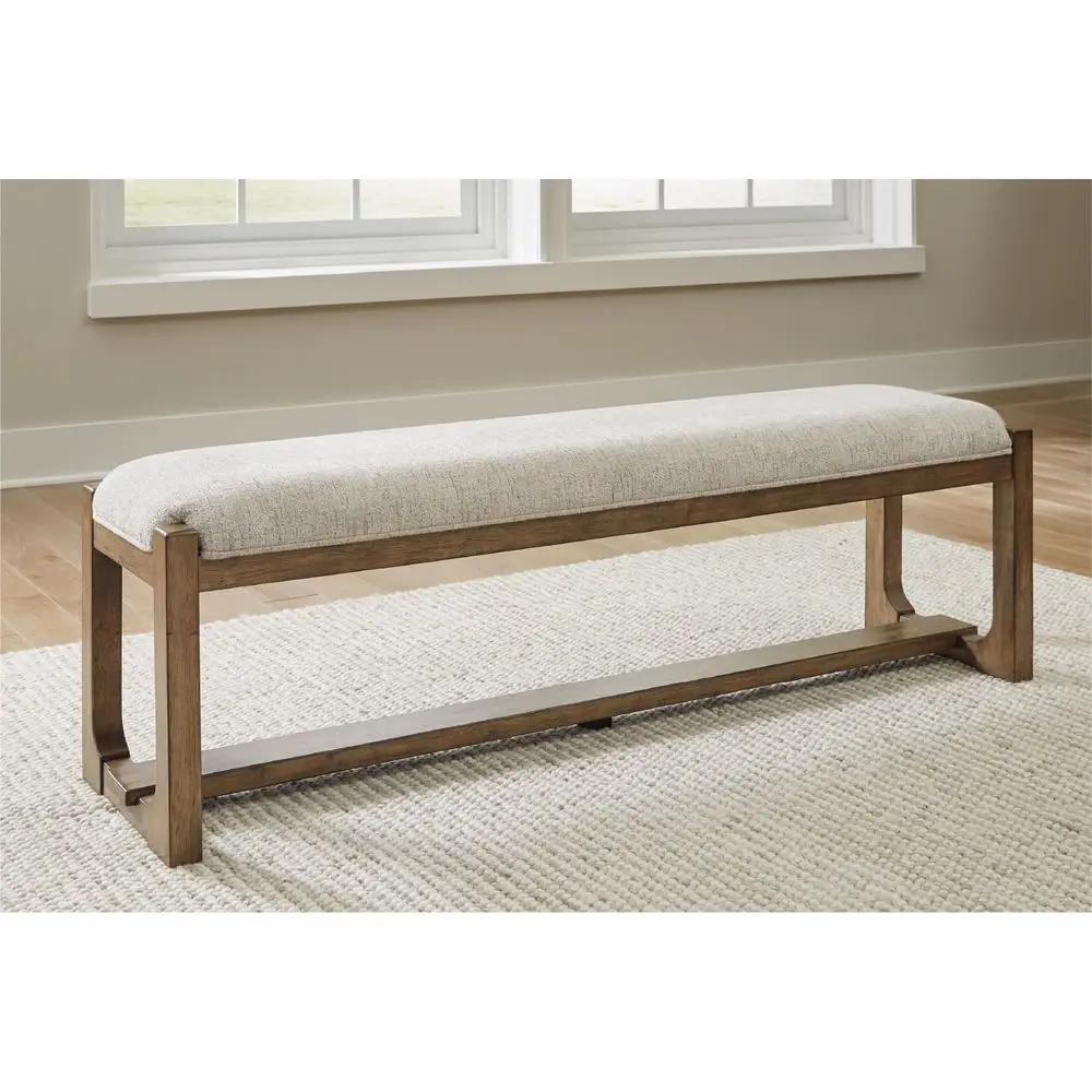 

Design by Ashley Cabalynn Farmhouse Upholstered Dining Bench, Foam Cushion, Hardwood Solids, 63.5 W x 16.5 D x 19.75 H, Beige a
