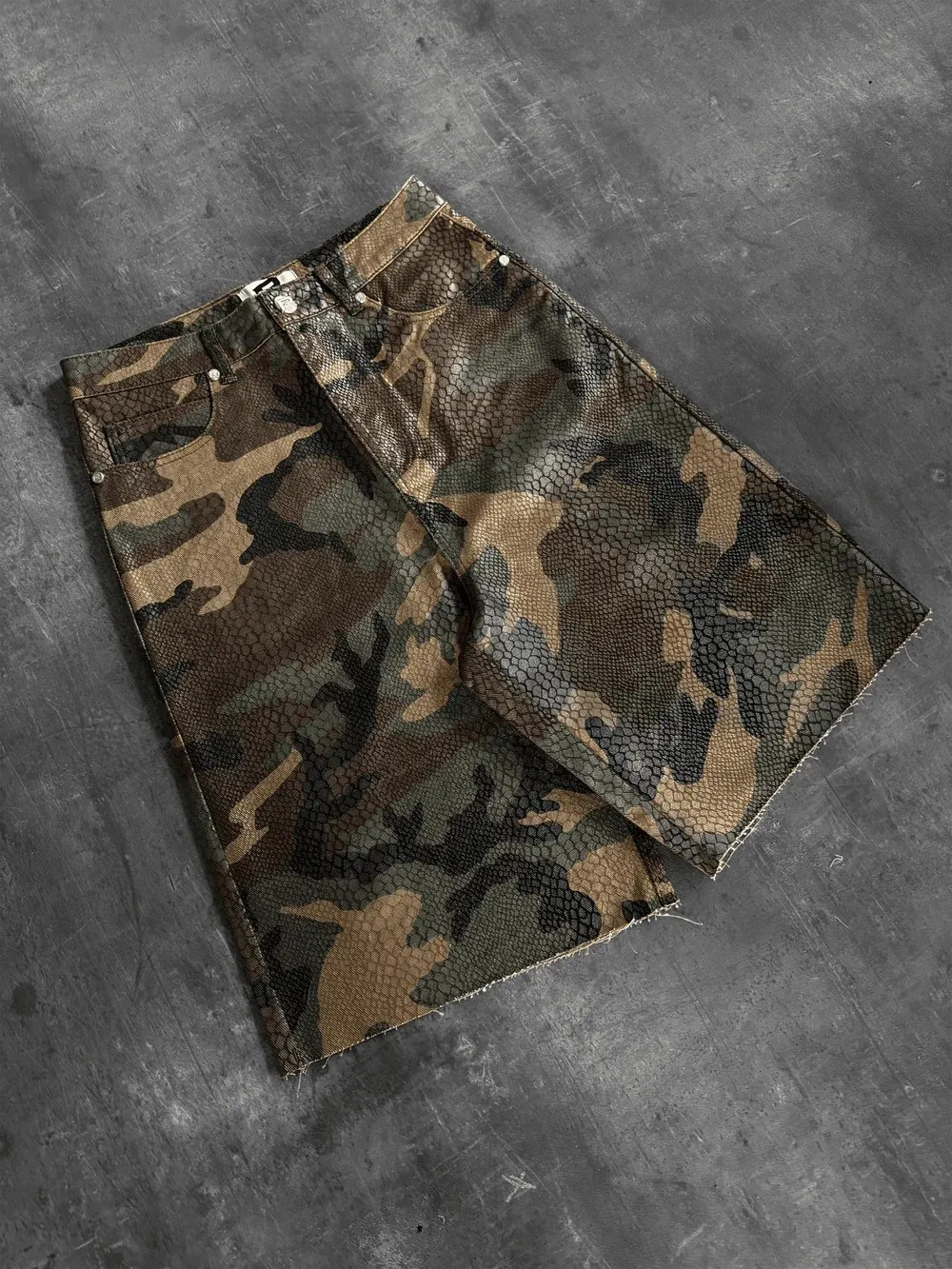 Python Camo Print Retro Cowboy Denim Shorts High Street Hip Hop Middle Pants High Waist Straight Tube Loose Five Point Shorts