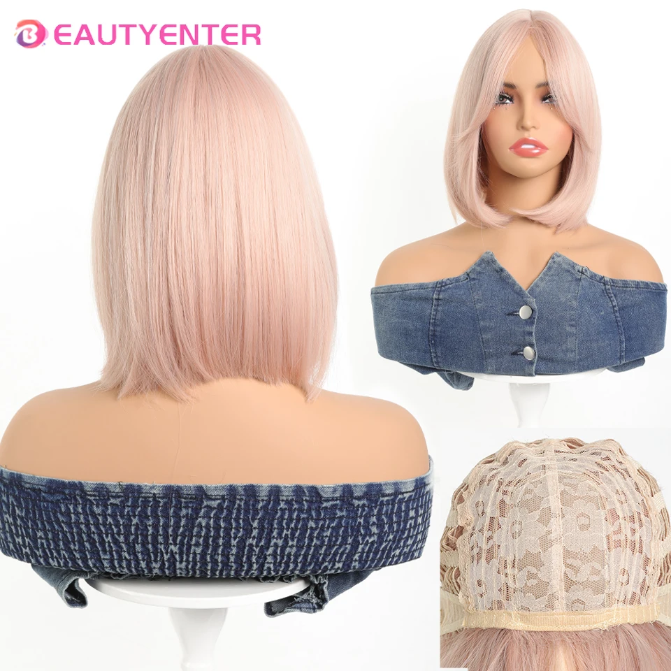 

Pink Wig - Women's 14 "5.29oz Pink Blonde Bob Wig Medium Part With Outturned Figure-eight Bangs Short Headpiece, Bob Wig