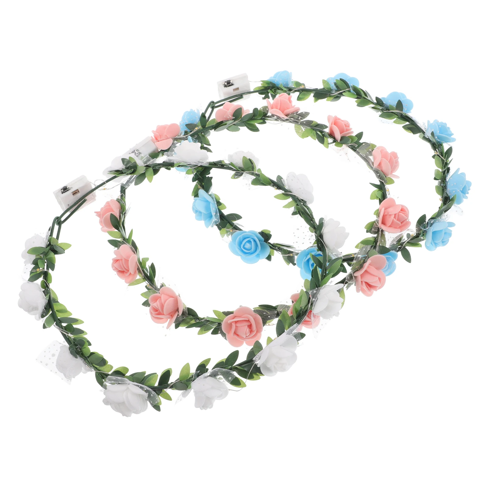 

3pcs Glow Floral Crown Headb Wreath Bridal Headpiece Tiaras for Girls Festival Women Artificial Flowers Green Leaves Design