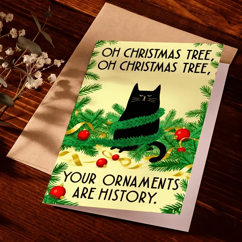 Funny Cat Xmas Tree Card for Cat Lovers, Bestie & Partner. Quirky Holiday Greeting for Eve, Party, Gift Box & Daily Fun Mail