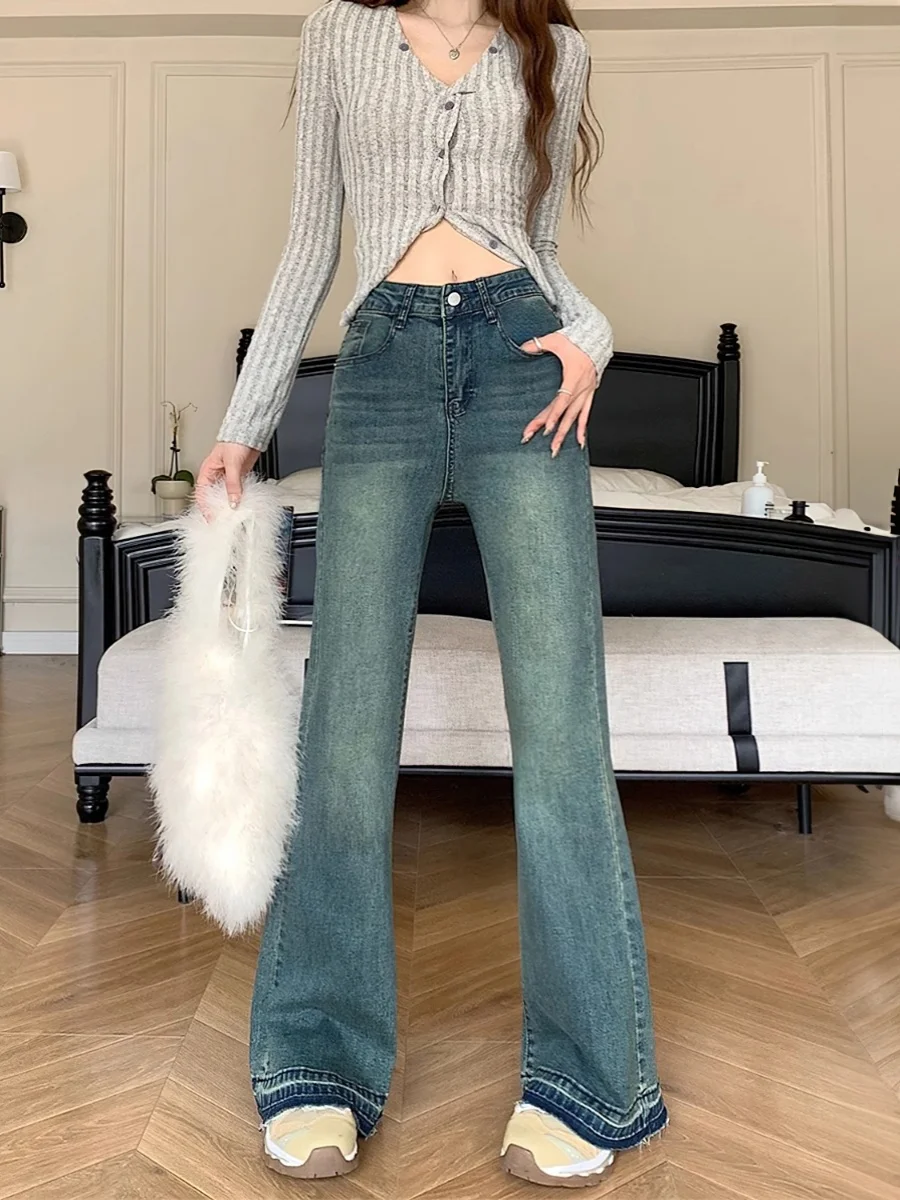 

Американские ретро-джинсы клеш для женщин, весенняя новинка, большие размеры, свободные, стройнящие, эластичные, с высокой талией, длинные, хлопковые, стрейч