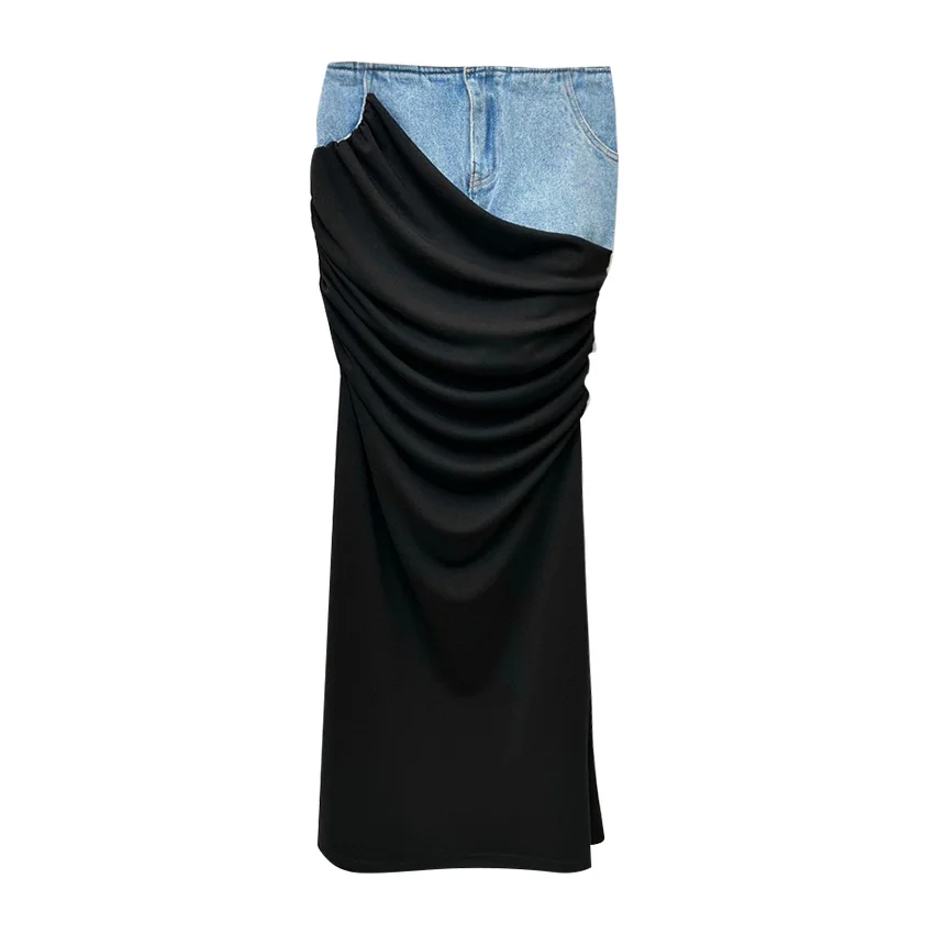 Modern Long Denim Skirt Jeans Women Fake Two Piece Stitching Design Maxi Luxury Streetwear Pleated Skirts Personality Fashion