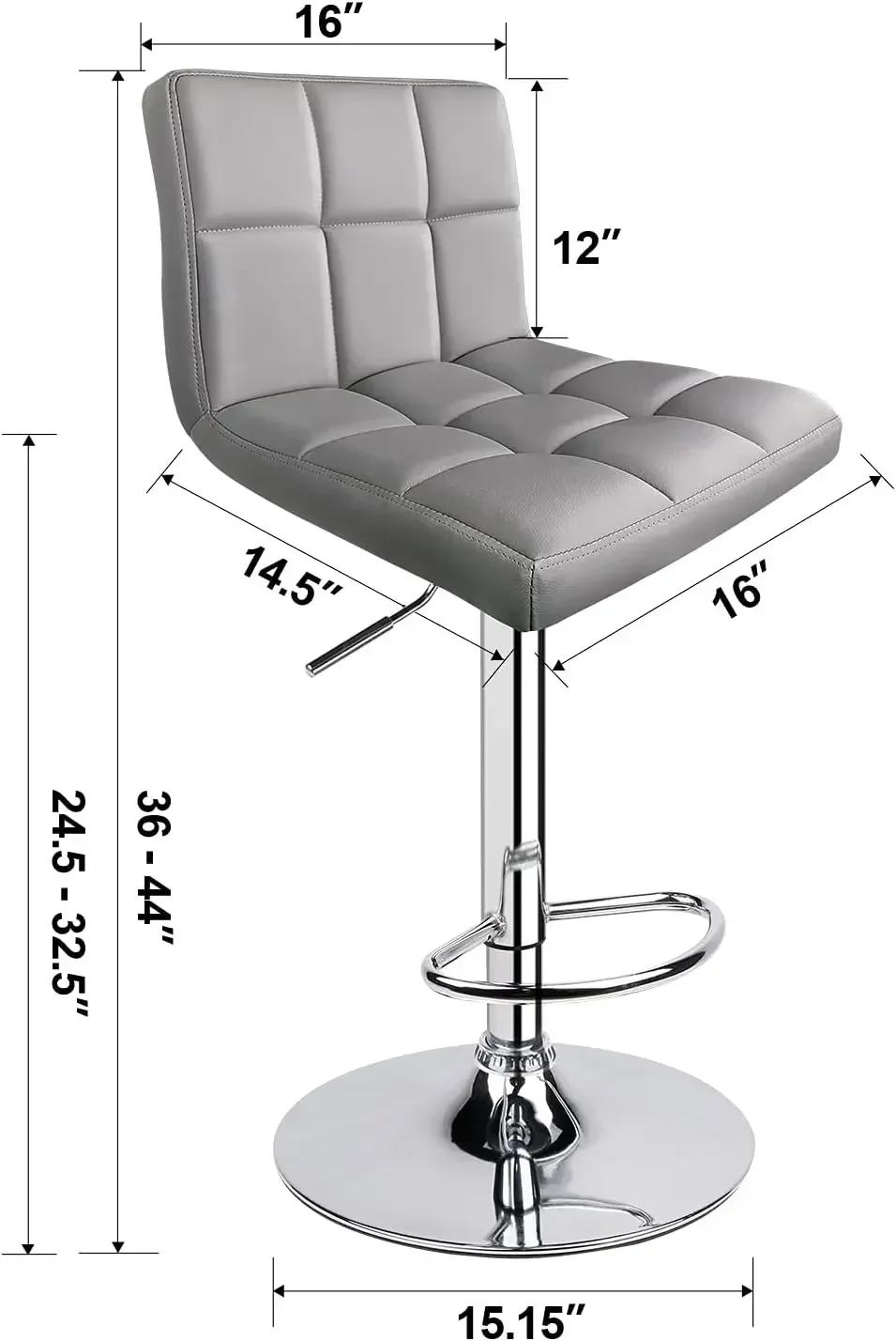 Taburetes de bar, taburete de bar giratorio ajustable de cuero PU moderno con respaldo, juego de 2 (gris claro)