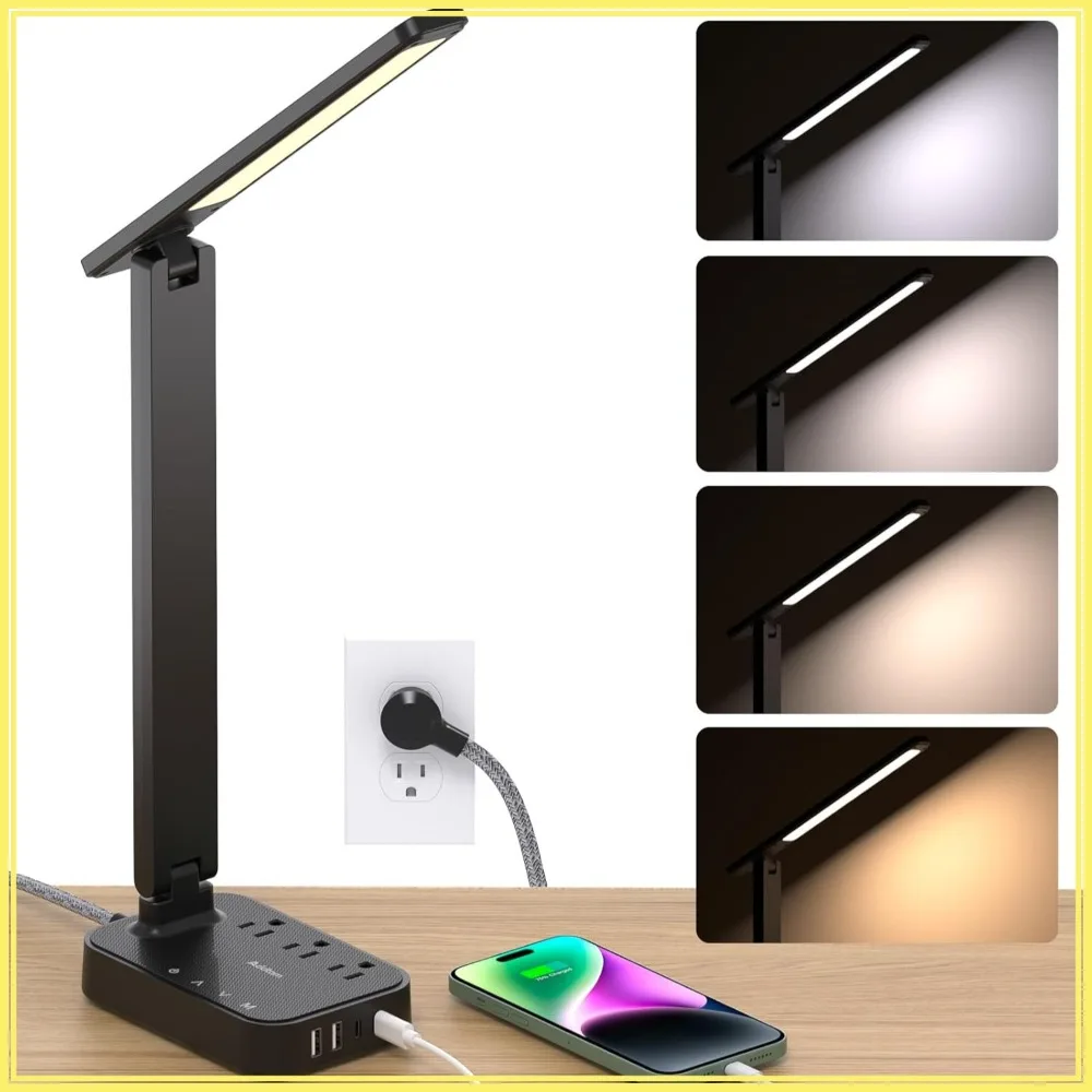 LED Desk Lamp with Power Strip, 3 Outlets 4 USB Ports(2 USBC), Touch Lamp 4 Modes 5 Brightness for Home Office College Dorm
