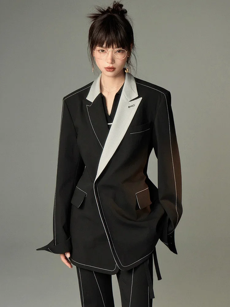 luxury Blazers Fashion Party Silhouette Waist-cinching Design Open-Line Black Slim-fit Suit Jackets for Women 2024 Spring Fall