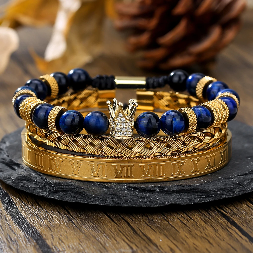 

Vintage Crown Black Agate Tigereye Stone Woven Bracelet Roman Numerals Stainless Steel Non-Fading Light Luxury Bracelet for Men